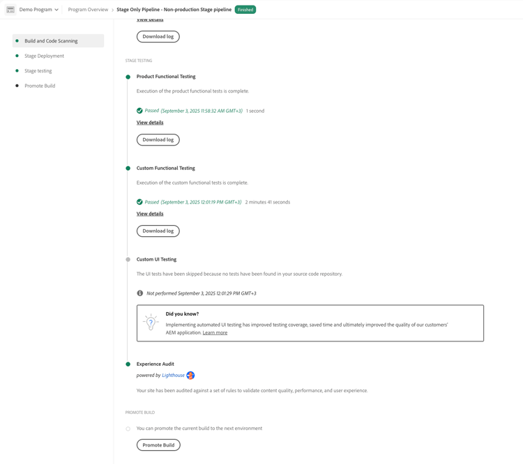 Esecuzione pipeline solo di staging
