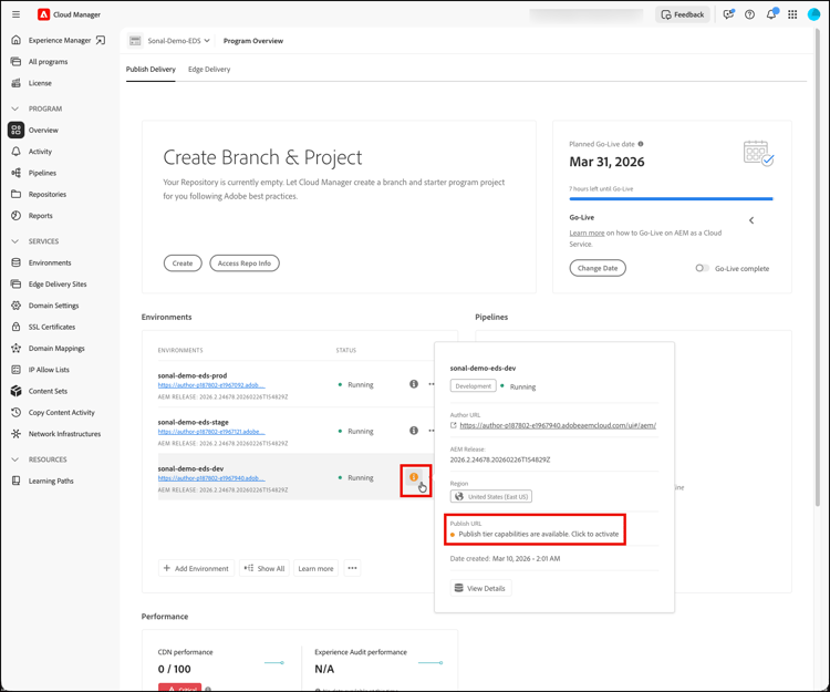 Fare clic per attivare il provisioning del livello di pubblicazione