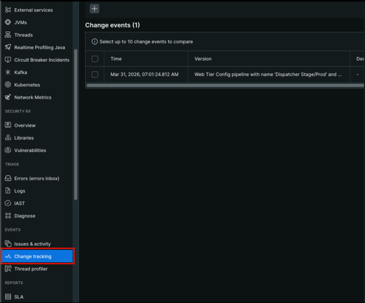 Opzione di rilevamento delle modifiche con la tabella degli eventi di modifica visualizzata