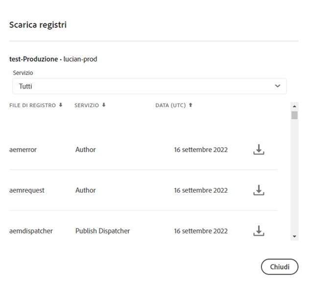 Finestra di dialogo Scarica registri