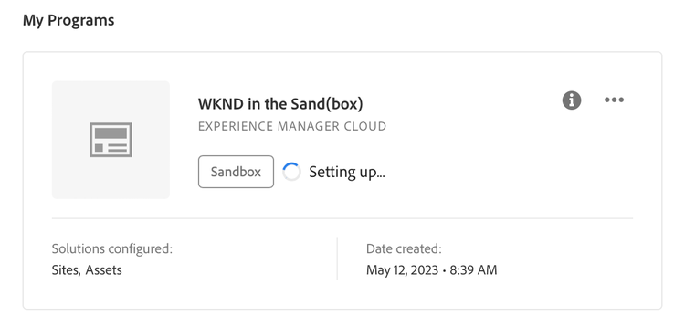 Creazione di un programma sandbox dalla pagina Panoramica