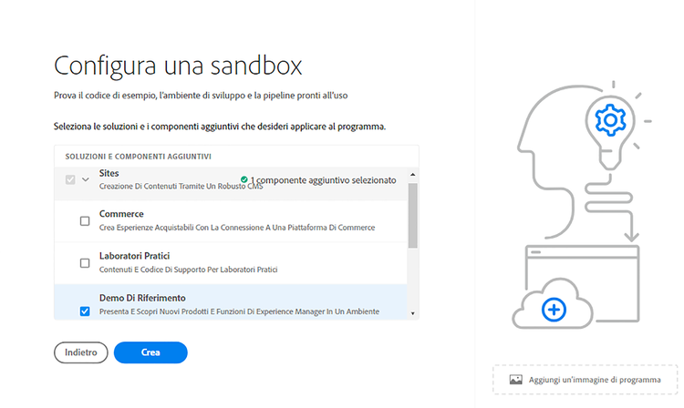 Selezionare soluzioni e componenti aggiuntivi per una sandbox