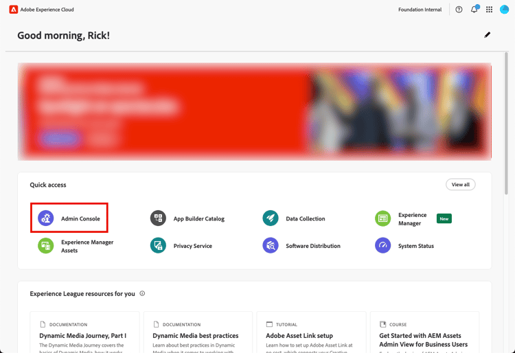 Admin Console visualizzata nella home page di Experience Hub