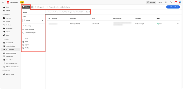 Filtro certificato SSL