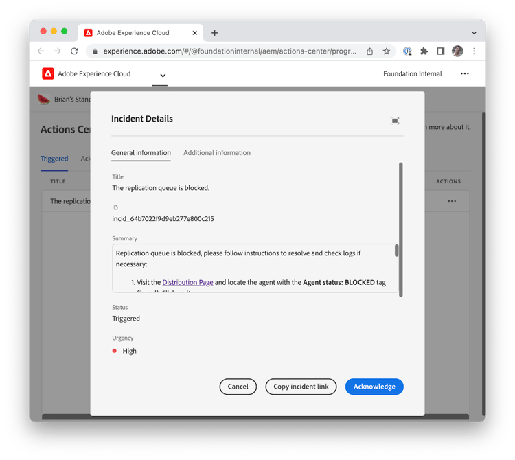 Schermata Centro azioni
