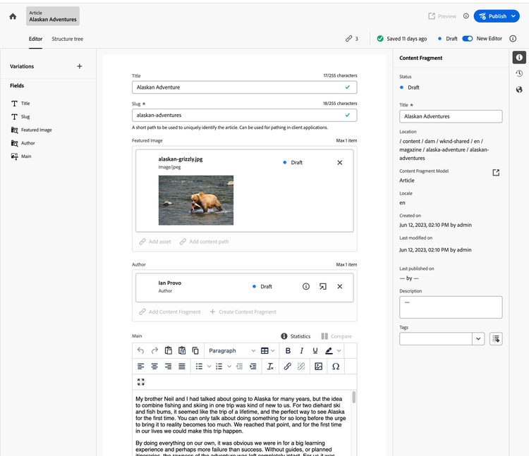 Editor frammenti di contenuto: panoramica