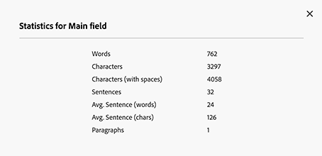 Editor frammento di contenuto - Statistiche