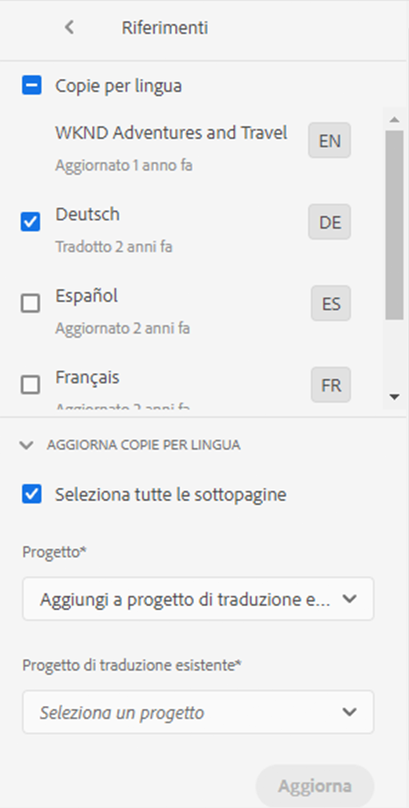 Aggiorna copie per lingua dalla barra dei riferimenti