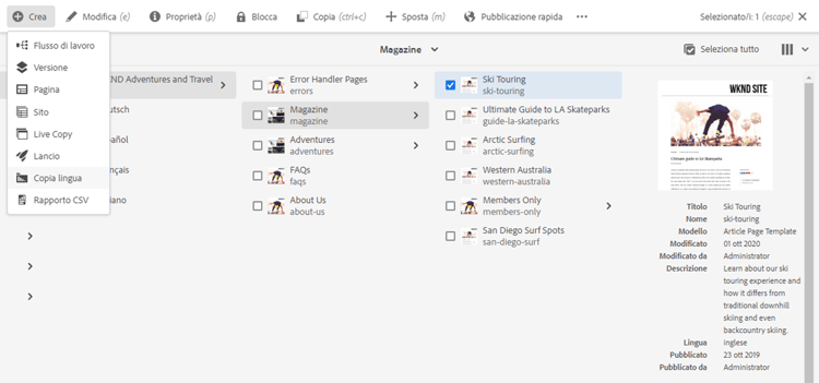 Crea copia in lingua dalla creazione guidata