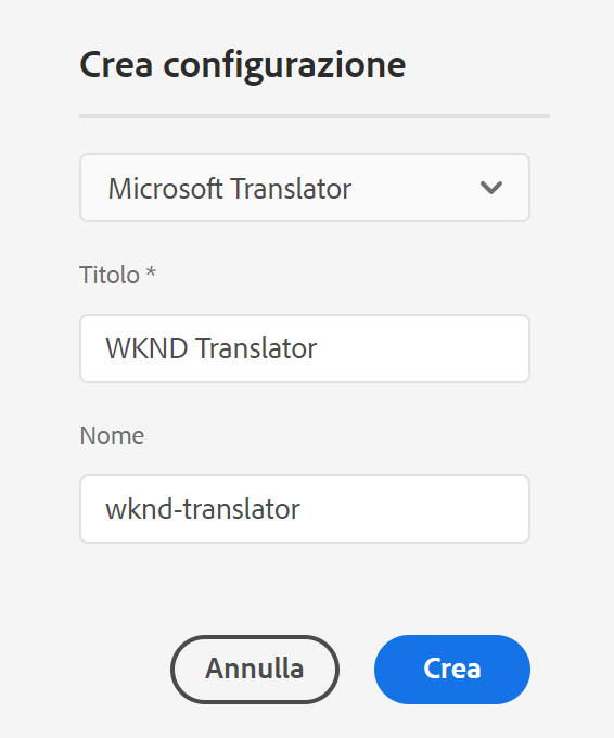 Creare una configurazione di traduzione