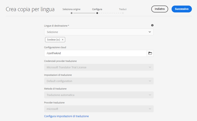 Configura il passaggio della creazione guidata