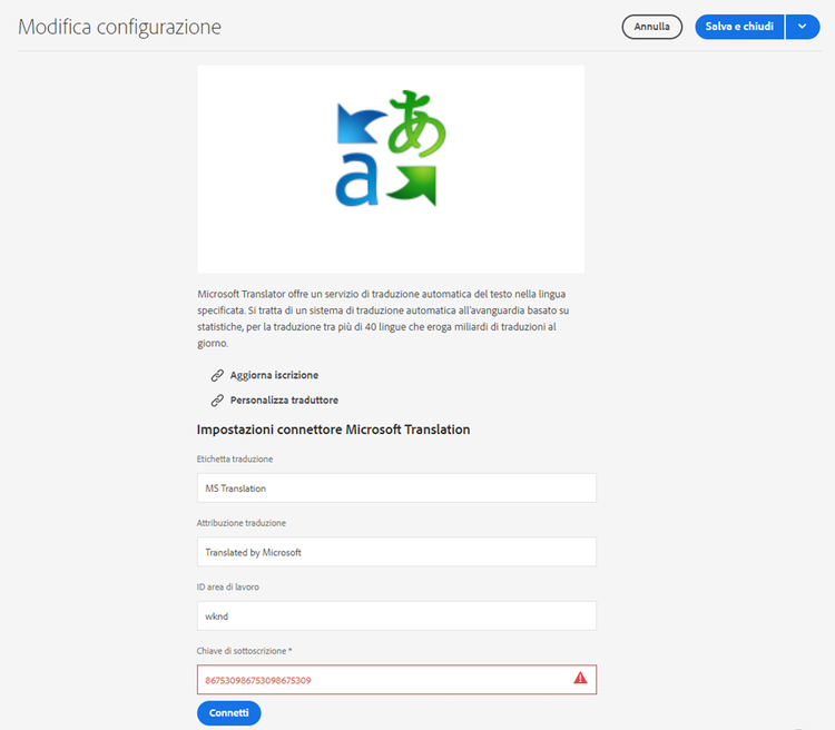 Modificare la configurazione della traduzione
