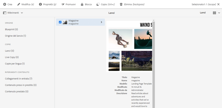 Opzione Launches nella console Sites