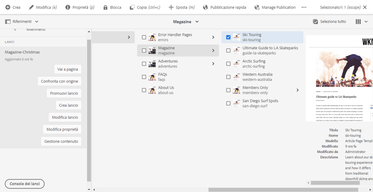 Azioni da intraprendere su Launches nella console Sites