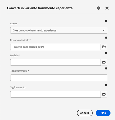 Finestra di dialogo Converti in variante di frammento di esperienza