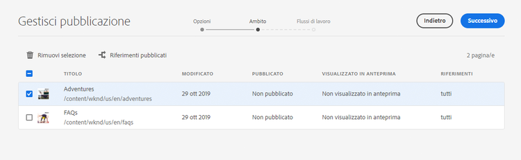 Selezione pagine di Gestisci pubblicazione