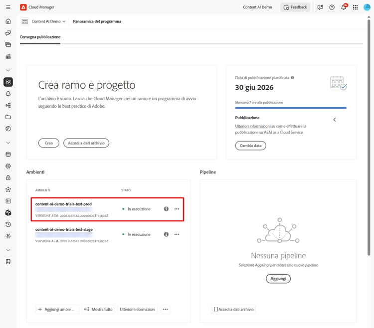 Panoramica del programma con un ambiente di produzione evidenziato