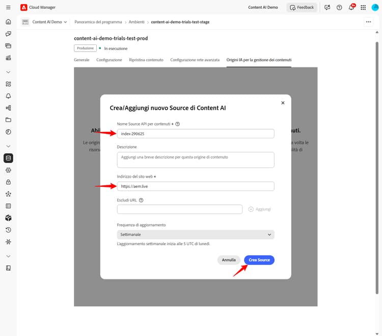 Finestra di dialogo Crea origine dell’IA per la gestione dei contenuti con i campi del nome e dell’indirizzo del sito web compilati e il pulsante Crea origine evidenziato