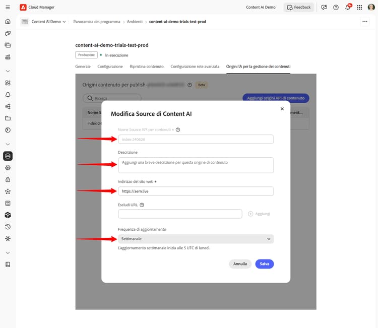 Finestra di dialogo Modifica origine dell’IA per la gestione dei contenuti con i campi modificabili evidenziati