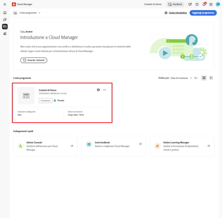 Home di Cloud Manager in cui è mostrata la scheda del programma