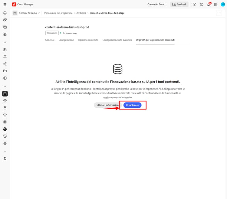 Scheda Configurazione dell’IA per la gestione dei contenuti in cui è mostrato il pulsante Crea origine