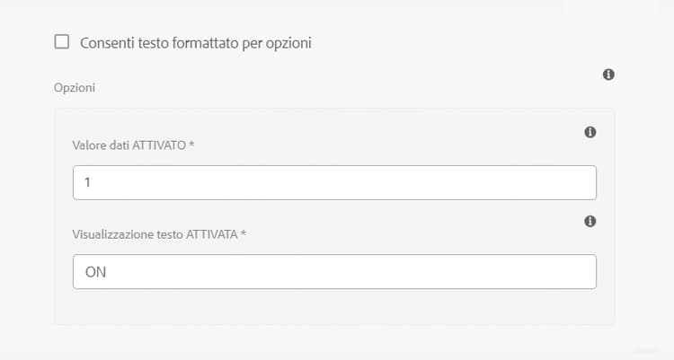 Supporto testo RTF per le opzioni