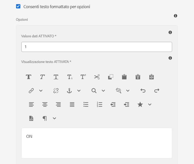 Supporto testo RTF per le opzioni