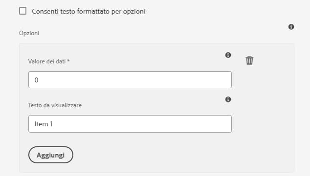 Supporto testo RTF per le opzioni