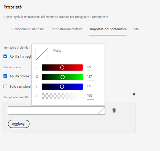 Scheda Impostazioni contenitore della finestra di dialogo per la progettazione del componente Contenitore e-mail