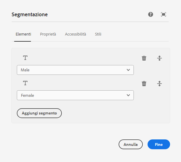 Scheda degli elementi della finestra di dialogo di configurazione del componente Segmentazione e-mail