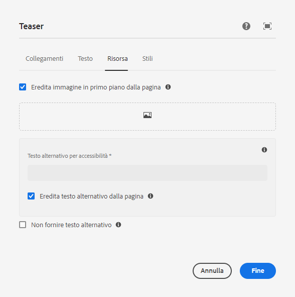 Scheda Immagine della finestra di dialogo per la modifica del componente Teaser e-mail