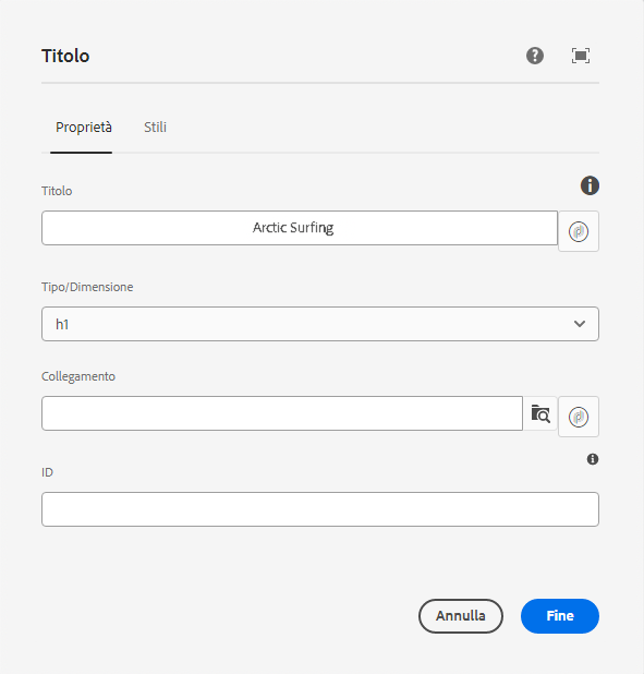 Finestra di dialogo di modifica del componente Titolo e-mail