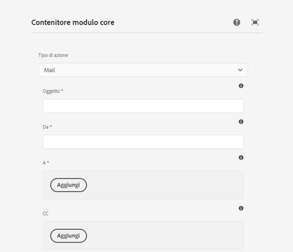 Opzione Mail nella finestra di dialogo per modifica del componente Contenitore modulo