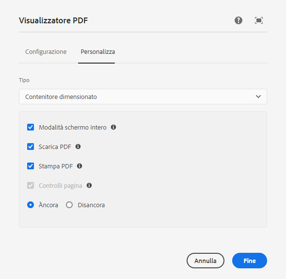 Scheda Personalizza con l’opzione Contenitore selezionato nella finestra di dialogo per modifica del componente Visualizzatore PDF