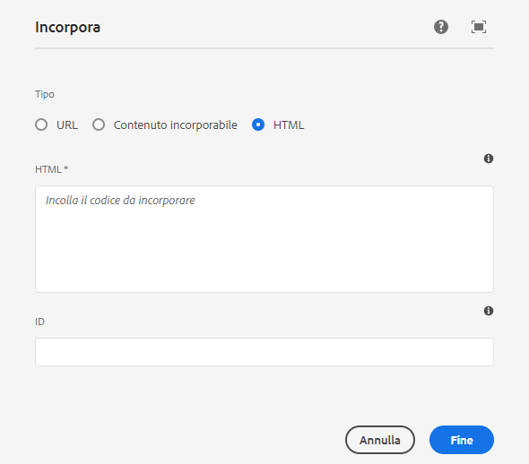 Opzione HTML nella finestra di dialogo per modifica del componente Incorpora