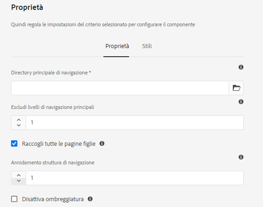 Finestra di dialogo per progettazione del componente Navigazione