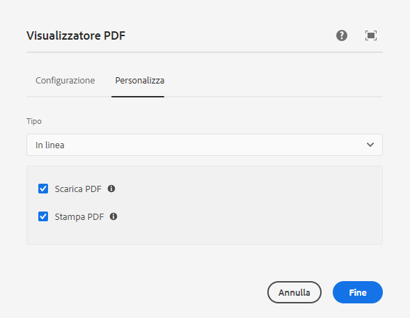 Scheda Personalizza con l’opzione Contenitore selezionato nella finestra di dialogo per modifica del componente Visualizzatore PDF