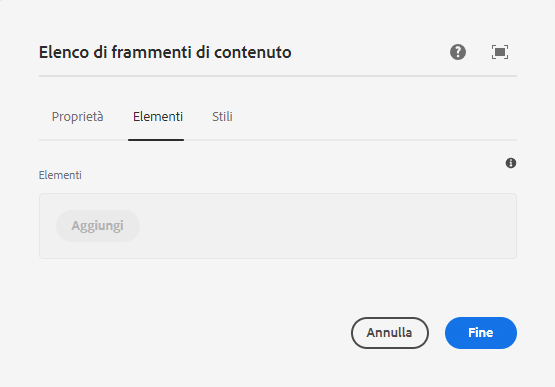 Scheda Elementi della finestra di dialogo per modifica del componente Elenco frammenti di contenuto
