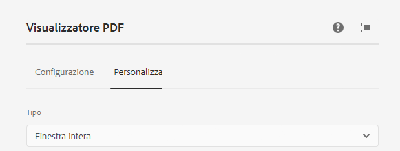 Scheda Personalizza della finestra di dialogo per modifica del componente Visualizzatore PDF