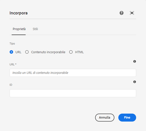 Opzione URL nella finestra di dialogo per modifica del componente Incorpora