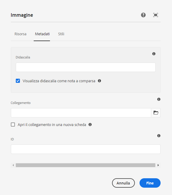 Scheda Metadati della finestra di dialogo per configurazione del componente Immagine