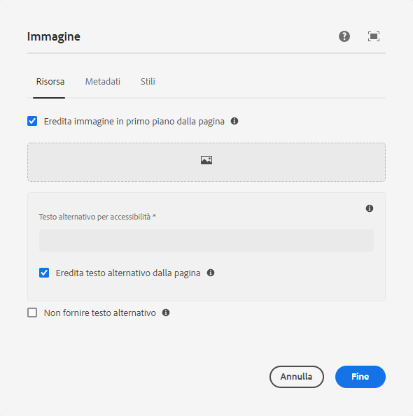 Scheda Risorsa della finestra di dialogo per configurazione del componente Immagine