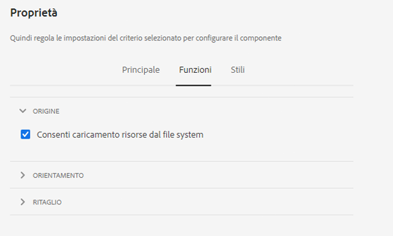 Scheda Funzioni della finestra di dialogo per progettazione del componente Immagine