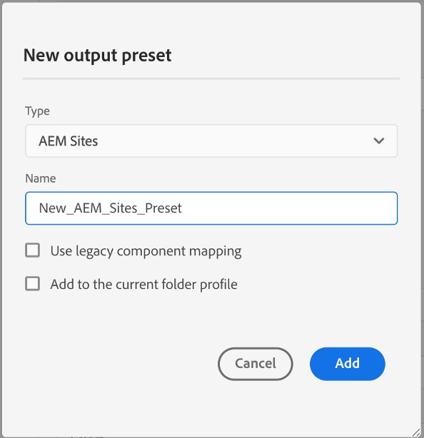 Crea nuovo predefinito per sito AEM