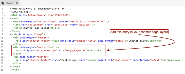 Includi JavaScript nel modello di capitolo: schermata che mostra la voce nel modello di PDF per il layout di pagina