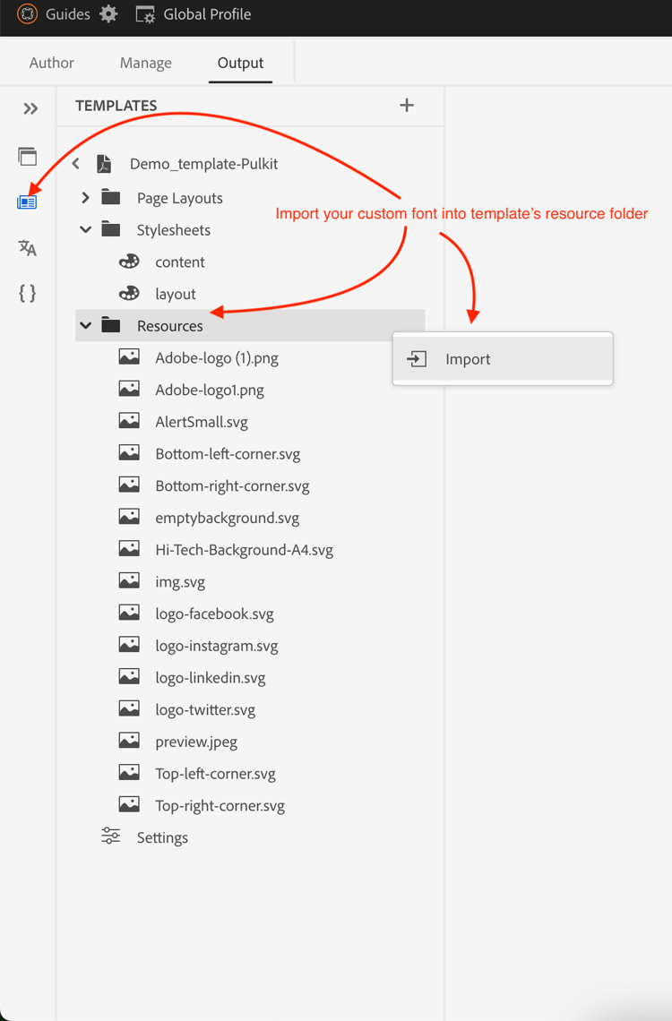 Caricamento font personalizzato e importazione di