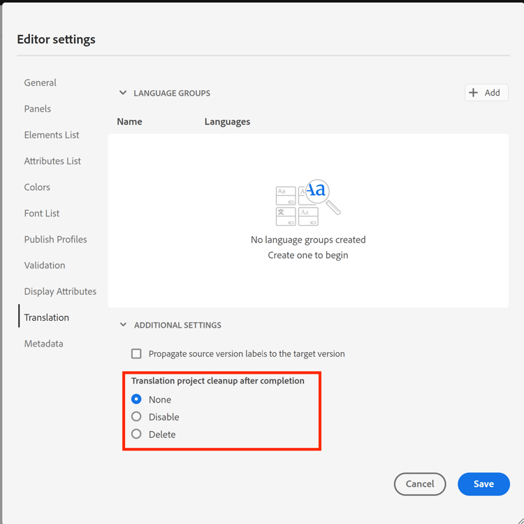 Impostazioni automatizzate per eliminare e disabilitare il progetto di traduzione in AEM Guides