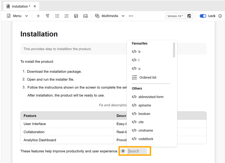Menu inserimento rapido nell'editor