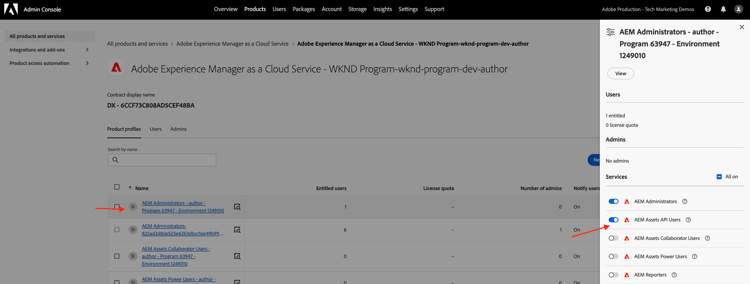 Associate AEM Assets API Users Service with Product Profile