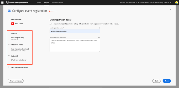 Evento AEM Assets - configura evento